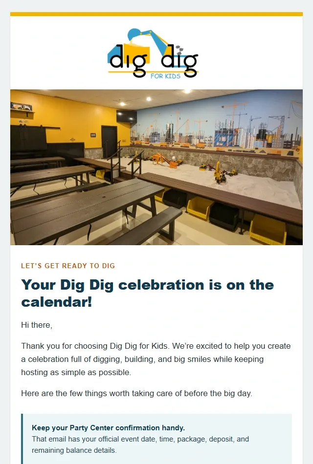 Opening of the original Dig Dig celebration email, showing the party-room photograph and booking acknowledgment.