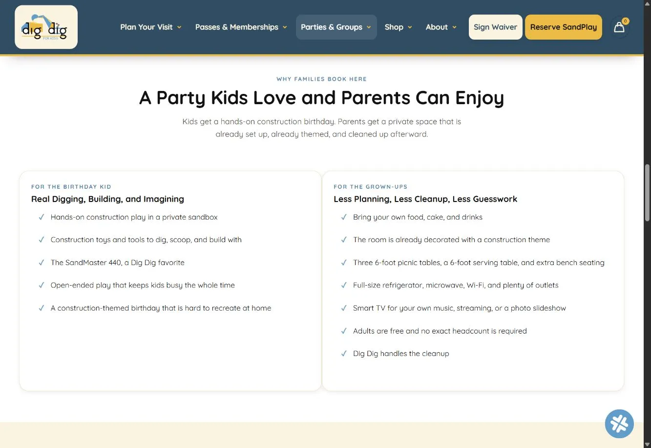 Dig Dig for Kids birthday party page explaining the party experience for children and parents.