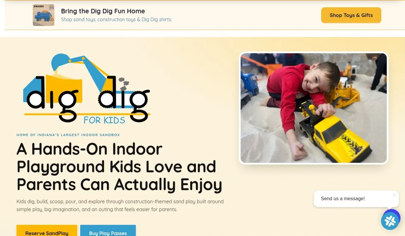 Current Dig Dig homepage body pairing a parent-focused introduction with a photograph of a child playing.