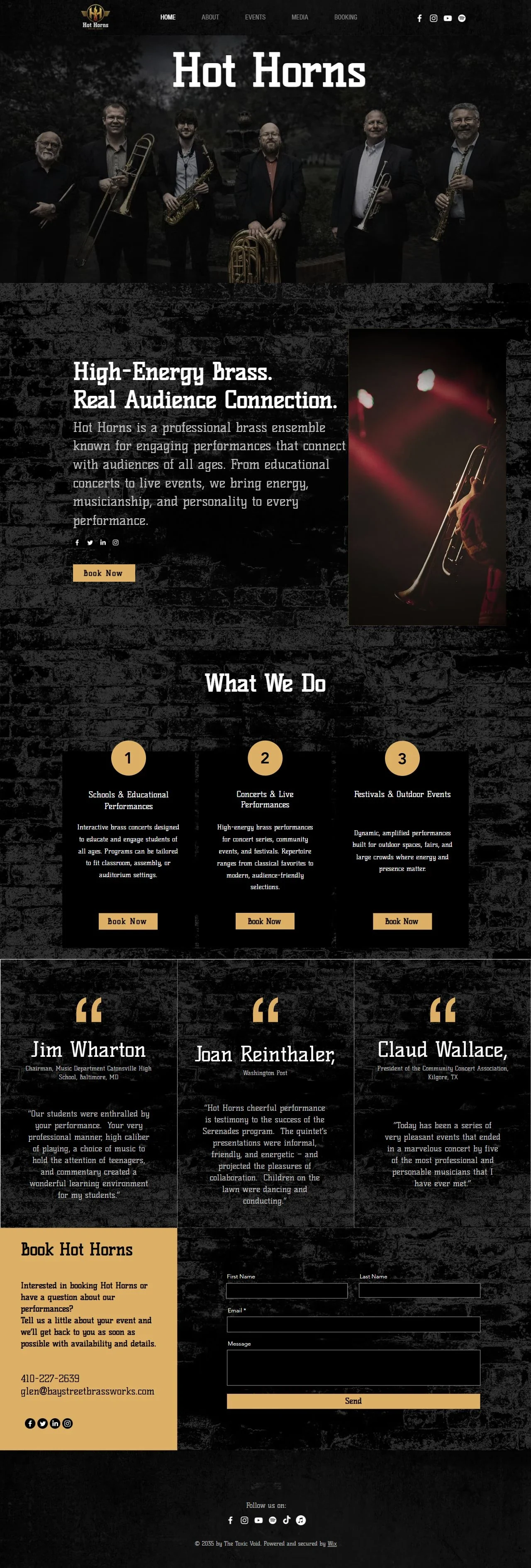 Hot Horns complete homepage capture. Navigation and forms inside this image are not interactive.