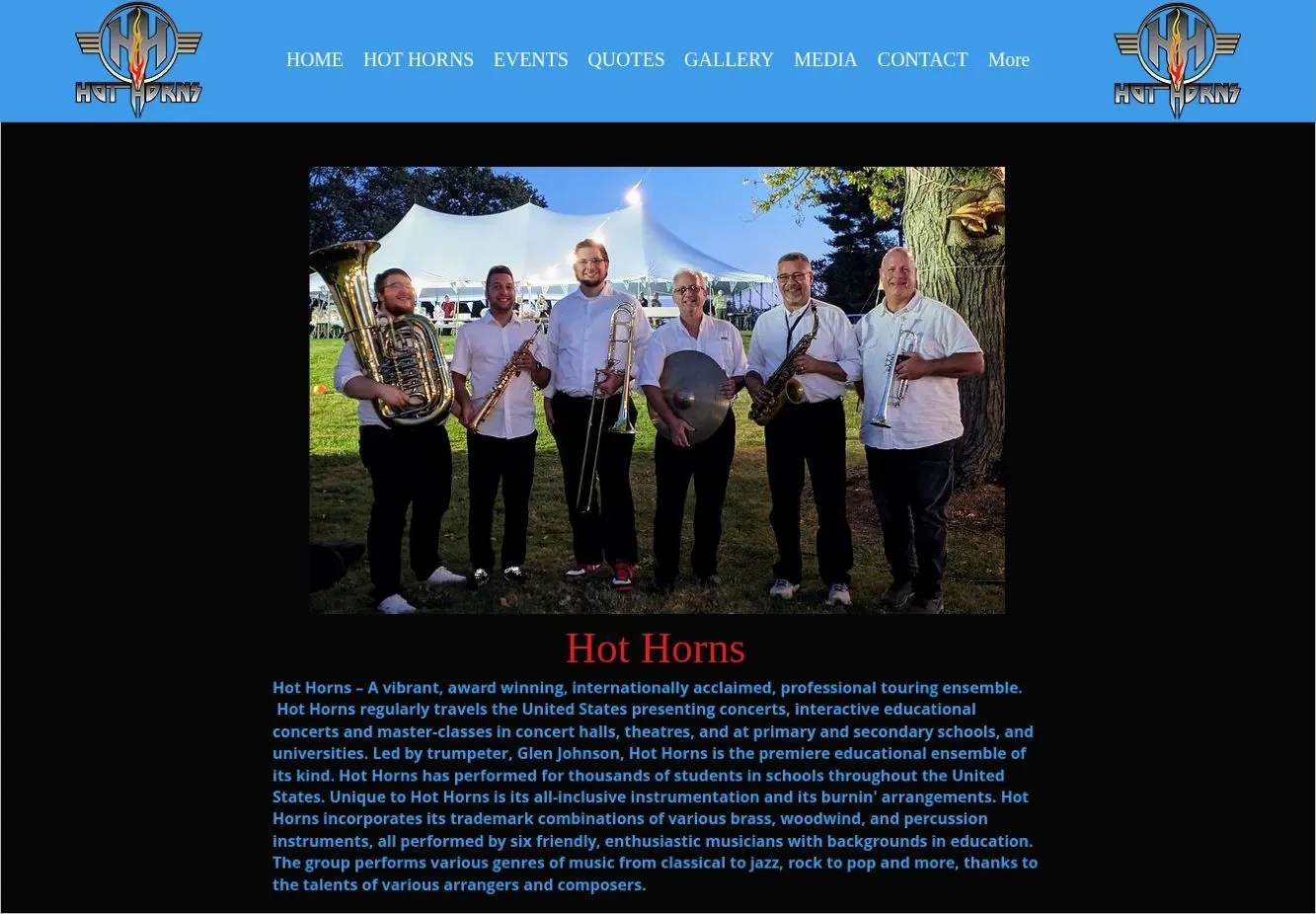 March archive of Hot Horns on Bay Street Brassworks with a blue header, ensemble photograph and introduction.