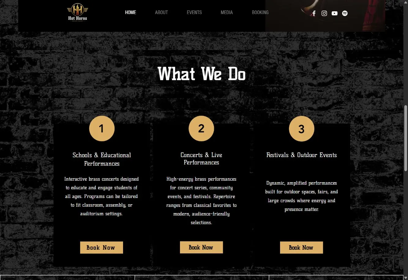 Hot Horns page showing school, concert, festival and outdoor performance options.