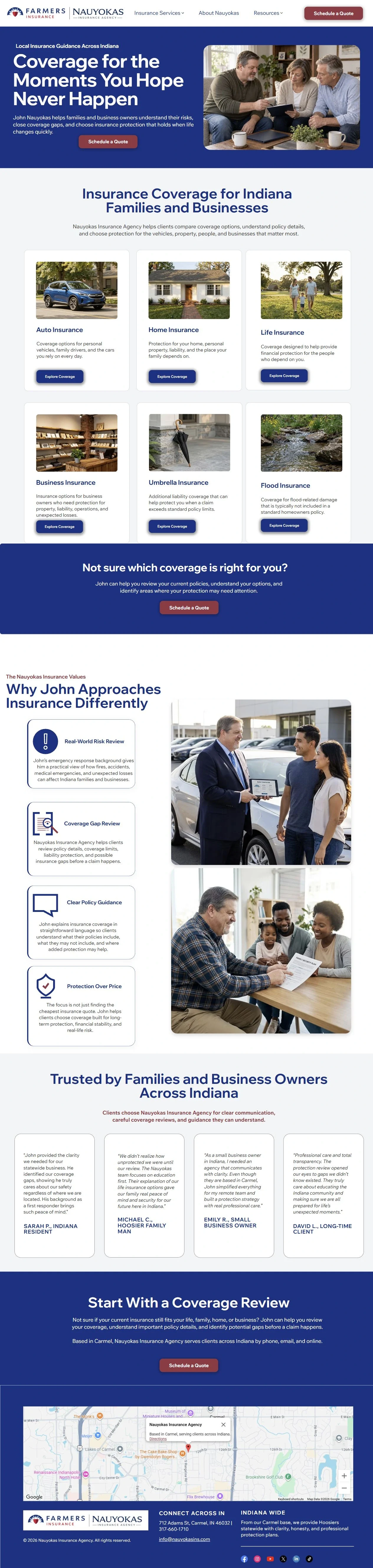 Nauyokas Insurance Agency complete homepage capture. Navigation and forms inside this image are not interactive.