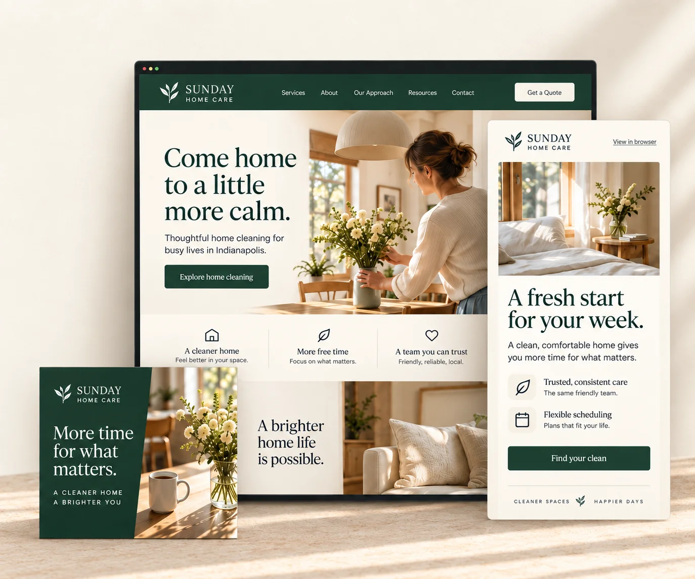 Connected Sunday Home Care campaign: a website, a tall customer email and a social graphic in evergreen and ivory.