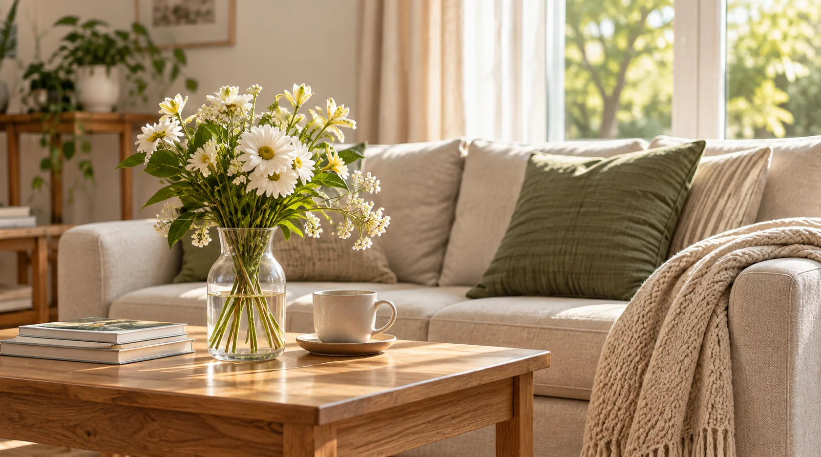 A sunlit living room with fresh flowers, a cream sofa and olive cushions.